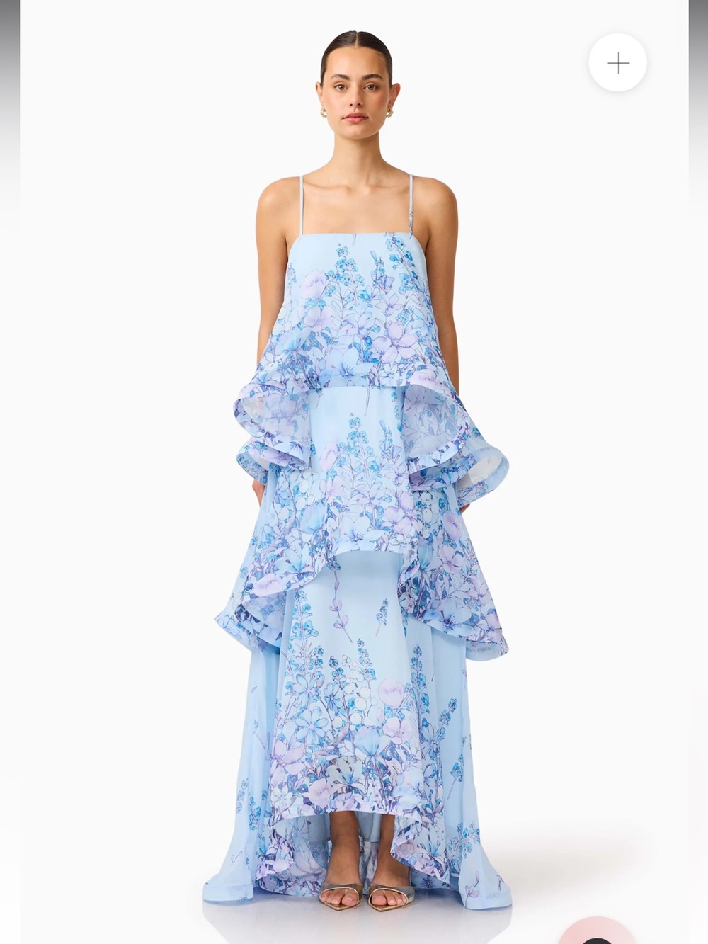 elliatt armani blue floral print tiered ruffle flared maxi gown dress medium NEW